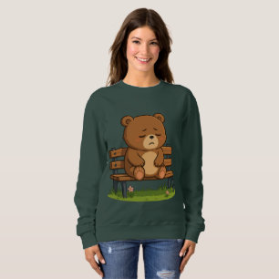 Sad Cute Teddy Bear on Bench – Emotional Cartoon Sweatshirt