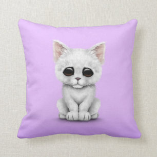 Sad Cute White Kitten Cat on Purple Throw Pillow