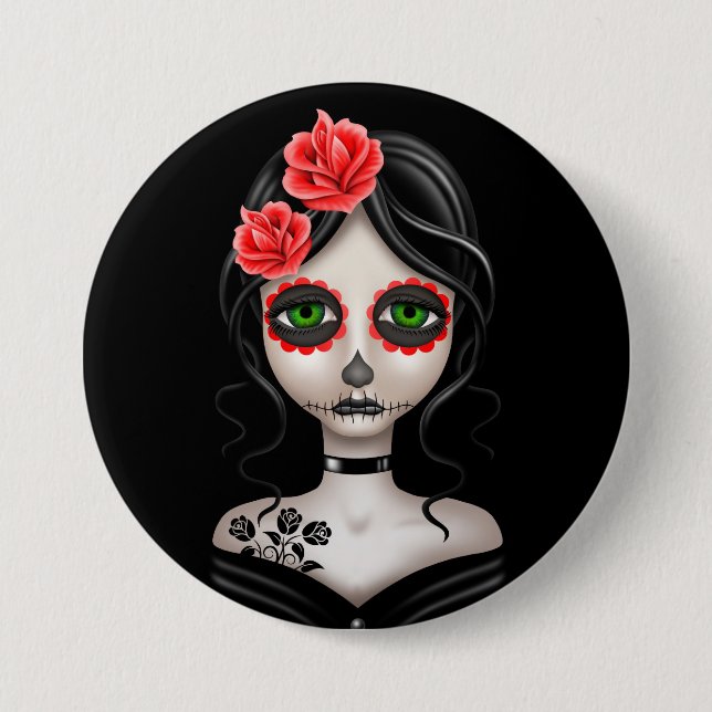 Sad Day of the Dead Girl on Black 3 Inch Round Button (Front)