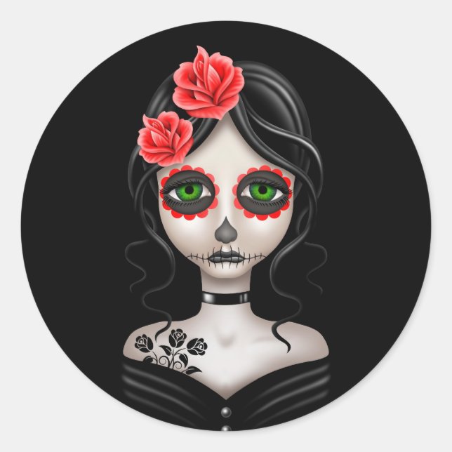 Sad Day of the Dead Girl on Black Classic Round Sticker (Front)