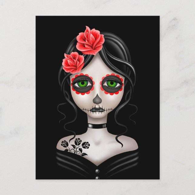 Sad Day of the Dead Girl on Black Postcard (Front)
