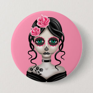 Sad Day of the Dead Girl on Pink 3 Inch Round Button