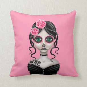 Sad Day of the Dead Girl on Pink Throw Pillow