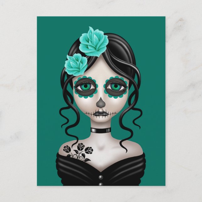 Sad Day of the Dead Girl on Teal Blue Postcard (Front)