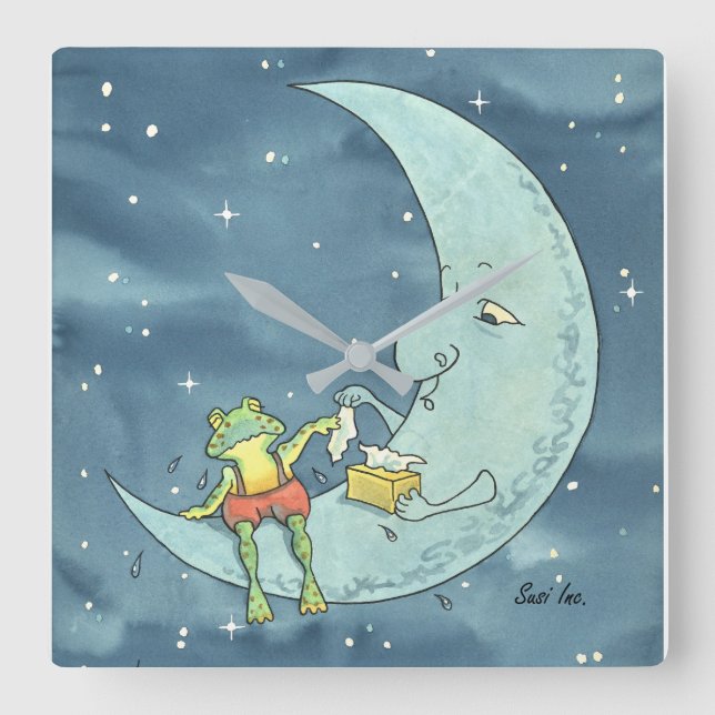 Sad Frog on Moon Acrylic Wall Clock, Square Clock (Front)