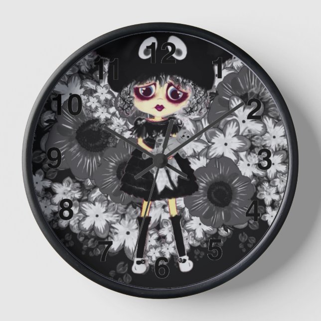 Sad Goth Girl - Kawaii Chibi cartoon Large Clock (Front)
