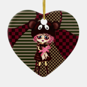 Sad Goth Girl, Kawaii chibi with teddybear Ceramic Ornament