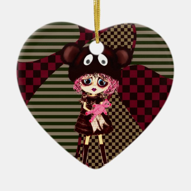 Sad Goth Girl, Kawaii chibi with teddybear Ceramic Ornament (Front)