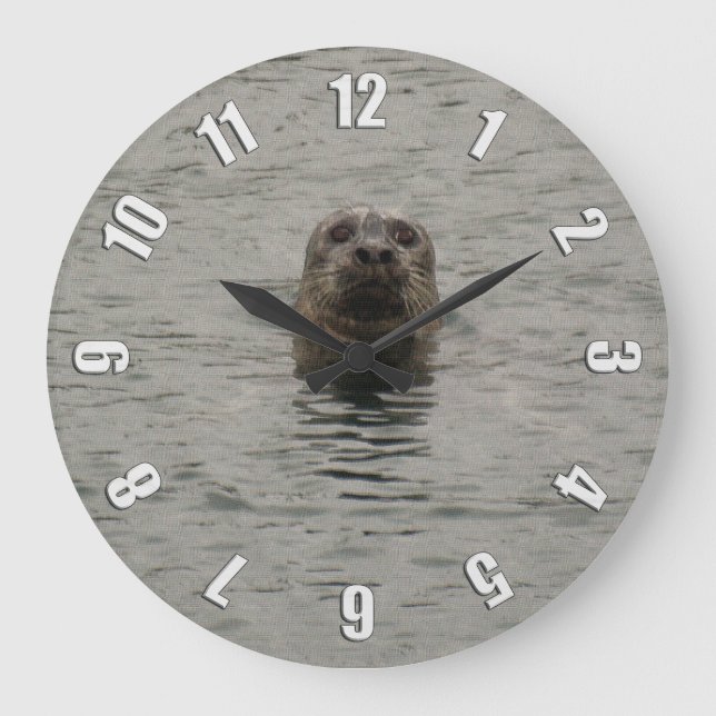Sad Harbour Seal in the Rain Wildlife Art Large Clock (Front)