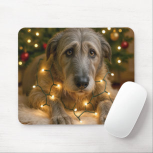 Sad Irish Wolfhound Tangled In Holiday Lights Mouse Pad