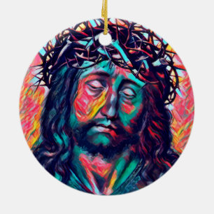 Sad Jesus Christ Face Thorn Crown Abstract art Ceramic Ornament