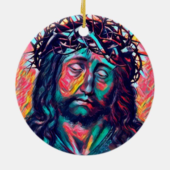 Sad Jesus Christ Face Thorn Crown Abstract art Ceramic Ornament (Back)