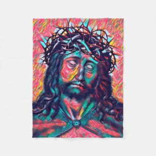 Sad Jesus Christ Face Thorn Crown Abstract art Fleece Blanket
