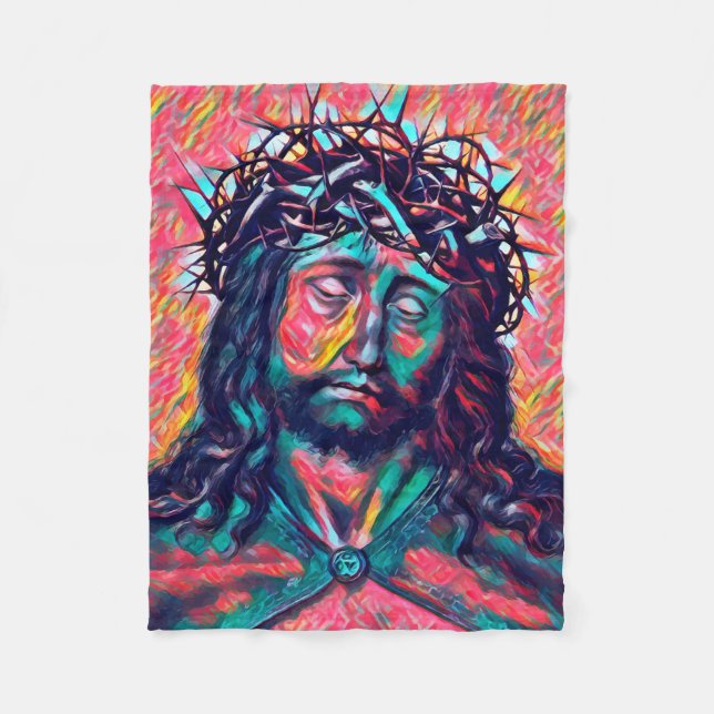 Sad Jesus Christ Face Thorn Crown Abstract art Fleece Blanket (Front)