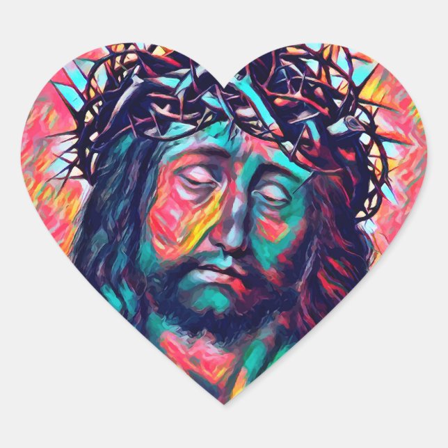 Sad Jesus Christ Face Thorn Crown Abstract art Heart Sticker (Front)
