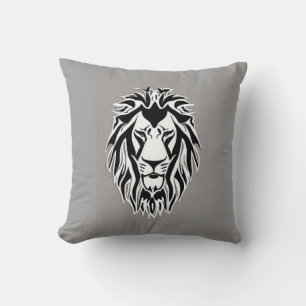 Sad lion black and white decal grey background  throw pillow