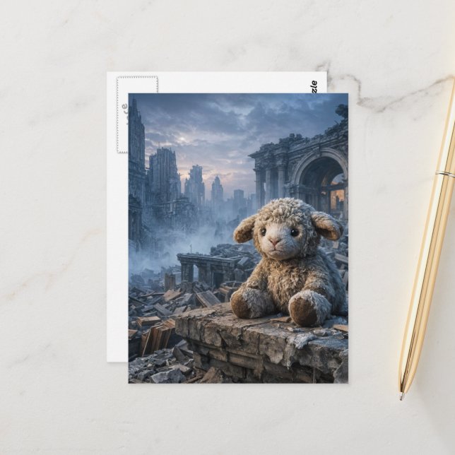 sad little stuffed sheep abandoned apocalyptic  postcard (Front/Back In Situ)