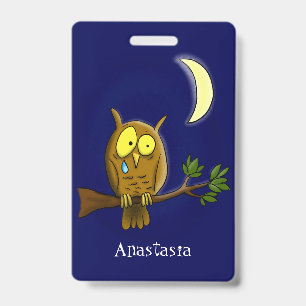 Sad owl with tear and moon missing you cartoon badge