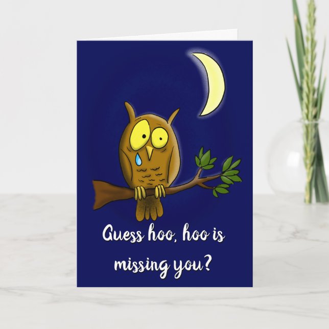 Sad owl with tear and moon missing you cartoon card (Front)