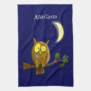 Sad owl with tear and moon missing you cartoon kitchen towel