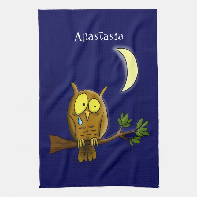 Sad owl with tear and moon missing you cartoon kitchen towel (Vertical)