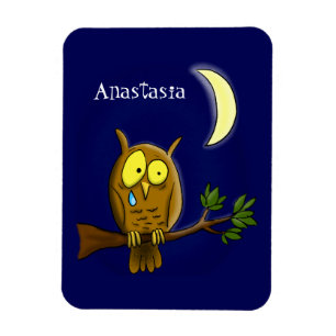Sad owl with tear and moon missing you cartoon magnet