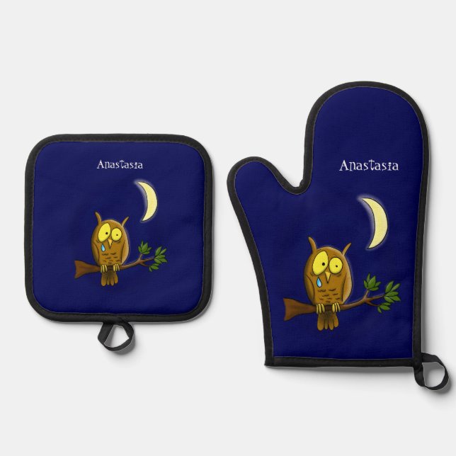 Sad owl with tear and moon missing you cartoon oven mitt & pot holder set (Front)