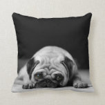 Sad Pug Throw Pillow<br><div class="desc">Black and white photograph of a very adorable little pug with soulful brown eyes.</div>