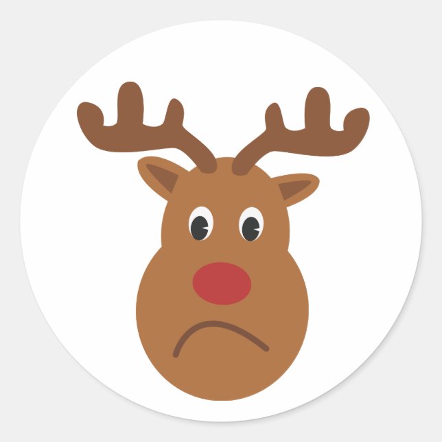 Sad Reindeer Christmas Round Sticker, Glossy Classic Round Sticker (Front)