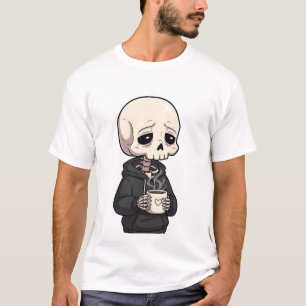 Sad Skeleton Wearing Hoodie Drinking Hot Coffee T-Shirt