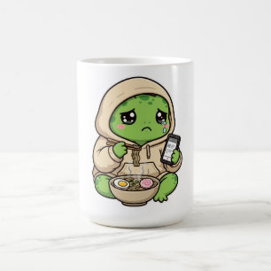 Sad Turtle Eating Ramen & Scrolling Phone Cute Kaw Coffee Mug