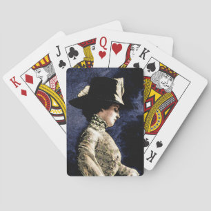 Sad Vintage Victorian Woman with Feather Hat Playing Cards