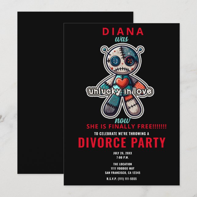 Sad VOODOO Doll Bear UNLUCKY in LOVE Divorce Party Invitation (Front/Back)