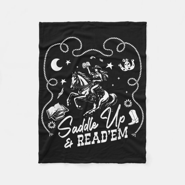 Saddle Up And Readem, Retro Cowgirl Reading, Book  Fleece Blanket (Front)
