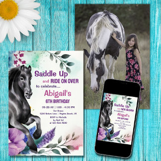 Saddle Up Black Horse and Flowers PHOTO Birthday Invitation