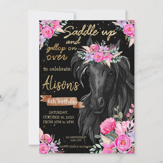 Saddle Up gold Black Horse Cowgirl Birthday Invitation (Front)