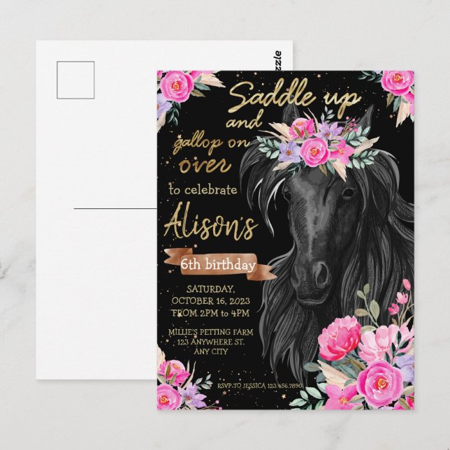 Saddle Up gold Black Horse Cowgirl Birthday Postcard (Front/Back)