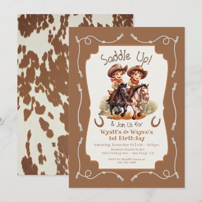 Saddle up little twin Cowboy horse birthday party Invitation (Front/Back)