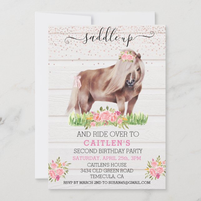 Saddle Up Pony Girl's Floral Birthday    Invitation (Front)