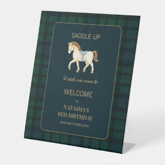 Saddle Up Preppy Horse Birthday Welcome Pedestal Sign