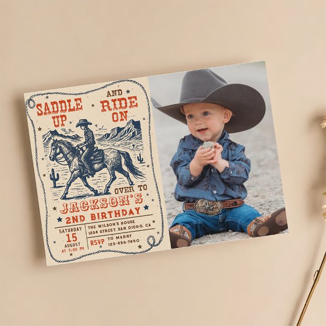 Saddle Up Rodeo Western Cowboy Birthday Photo Invitation (Creator Uploaded)