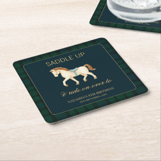 Saddle Up Vintage Preppy Horse Birthday  Square Paper Coaster