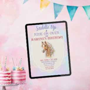 Saddle Up, Watercolor, Floral, Horse Birthday Invitation