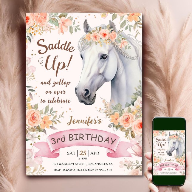 Saddle Up! White Horse Pink Flowers 3rd Birthday  Invitation (Creator Uploaded)