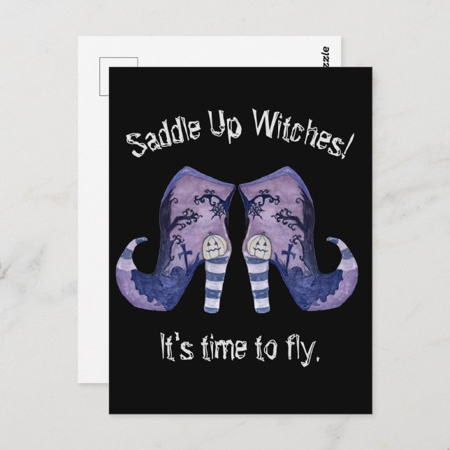 Saddle Up Witches Halloween Illustrated Boots  Postcard (Front/Back)