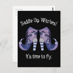 Saddle Up Witches Halloween Illustrated Boots  Postcard