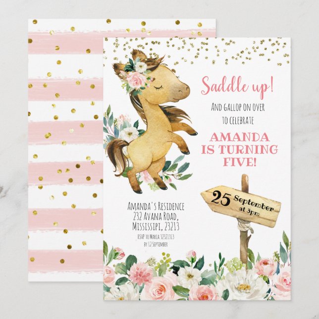 Saddup Girl Floral Horse Anniversaire Invitation (Devant / Derrière)