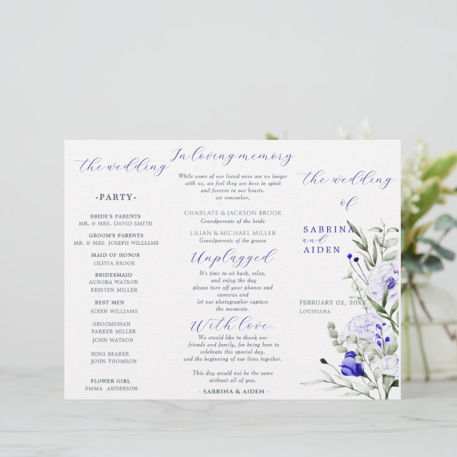 Sade Of Royal Blue Ivory Floral Wedding Programme (Debout devant)