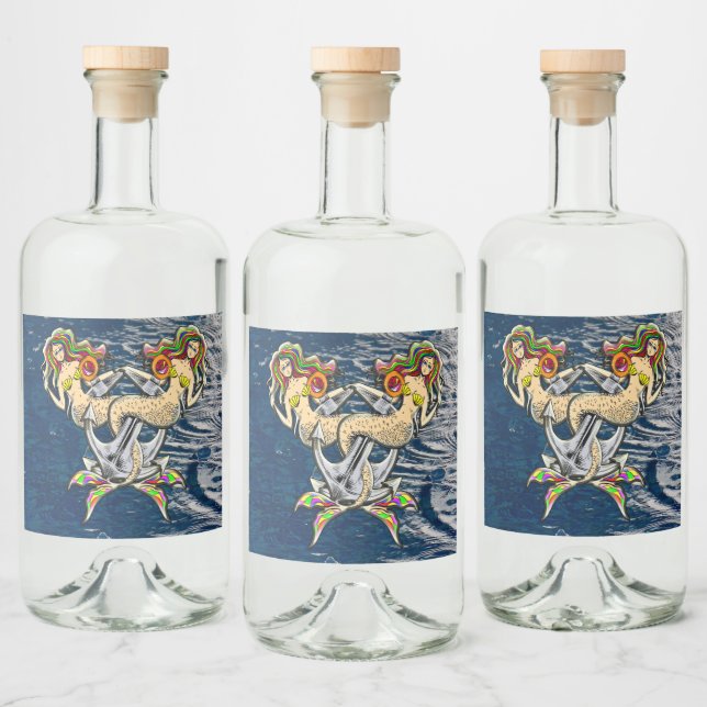 Sadly mermaids at anchor liquor bottle label (Bottles)