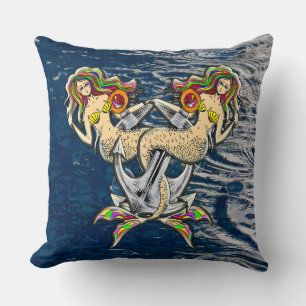 Sadly mermaids at anchor throw pillow